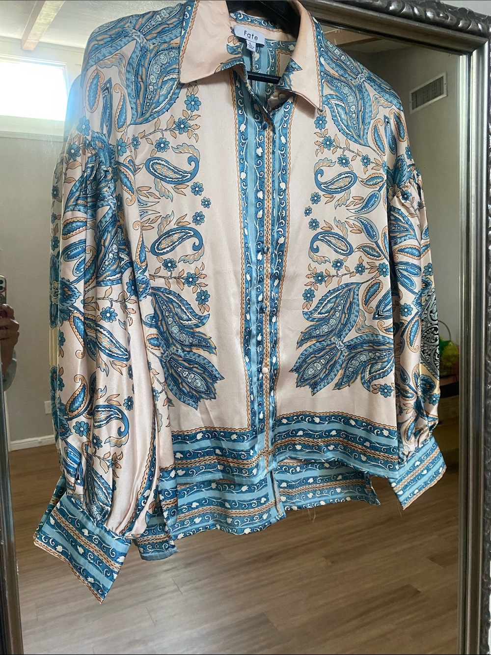 Fate Teal & Cream Paisley Button-Front Blouse